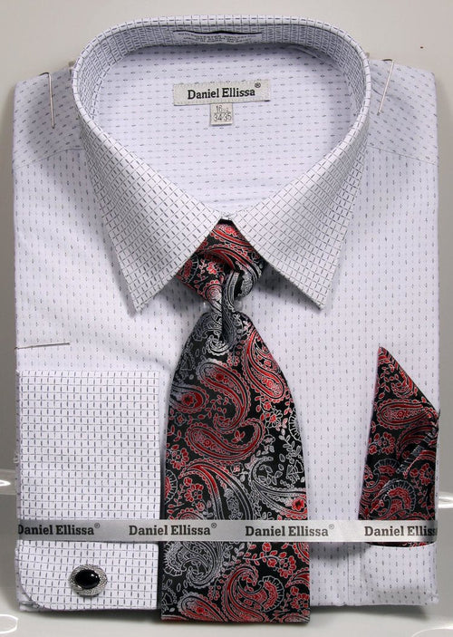 "Men's Regular Fit French Cuff Dress Shirt & Tie Set - White & Black"