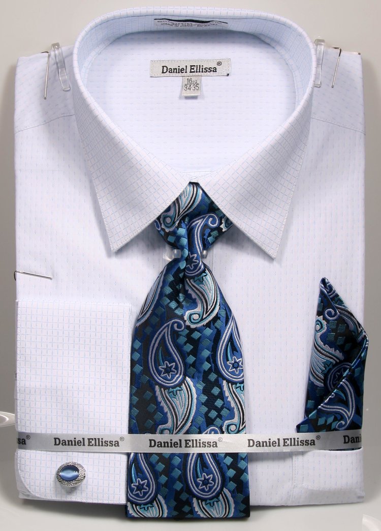 "Men's Regular Fit French Cuff Dress Shirt & Tie Set - Mini Plus Pattern, White & Blue"
