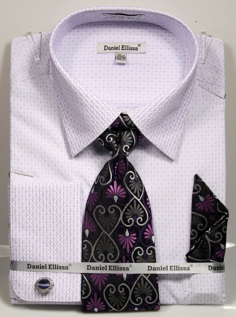 "Men's Regular Fit French Cuff Dress Shirt & Tie Set - White & Purple"