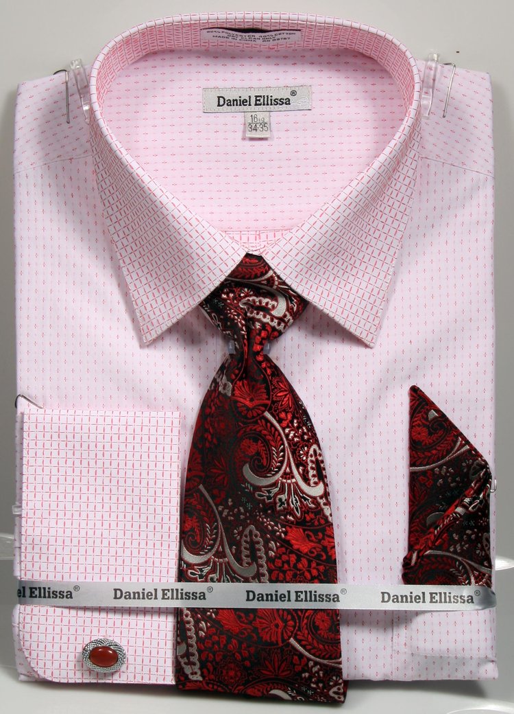 "Men's Regular Fit French Cuff Dress Shirt & Tie Set - White & Red" - 15Â½ 34/35