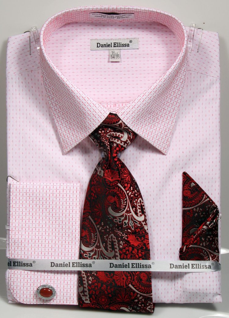 "Men's Regular Fit French Cuff Dress Shirt & Tie Set - White & Red"