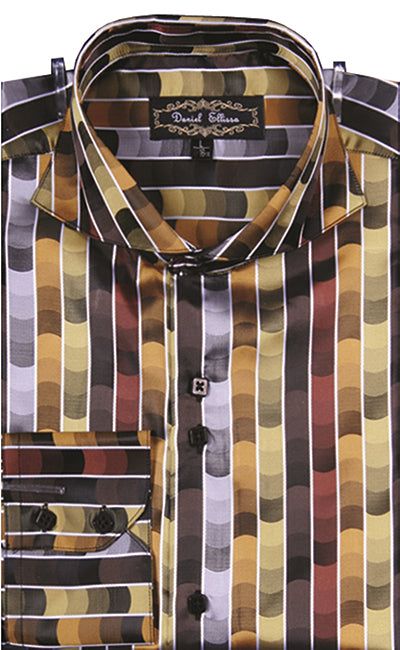 "Gold Men's Sports Shirt - Regular Fit with Fancy Tonal Stripe Pattern" - M - 15Â½ 33/34
