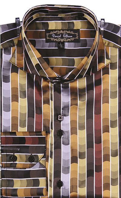 "Gold Men's Sports Shirt - Regular Fit with Fancy Tonal Stripe Pattern"