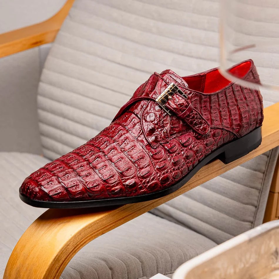 Marco Di Milano Rovigo Men's Shoes Wine Exotic Crocodile Skin Single Monk-strap Loafers - 6