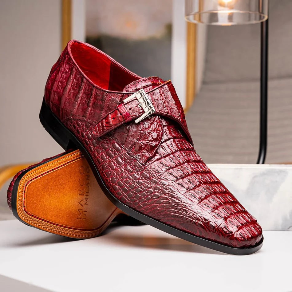 Marco Di Milano Rovigo Men's Shoes Wine Exotic Crocodile Skin Single Monk-strap Loafers - 6