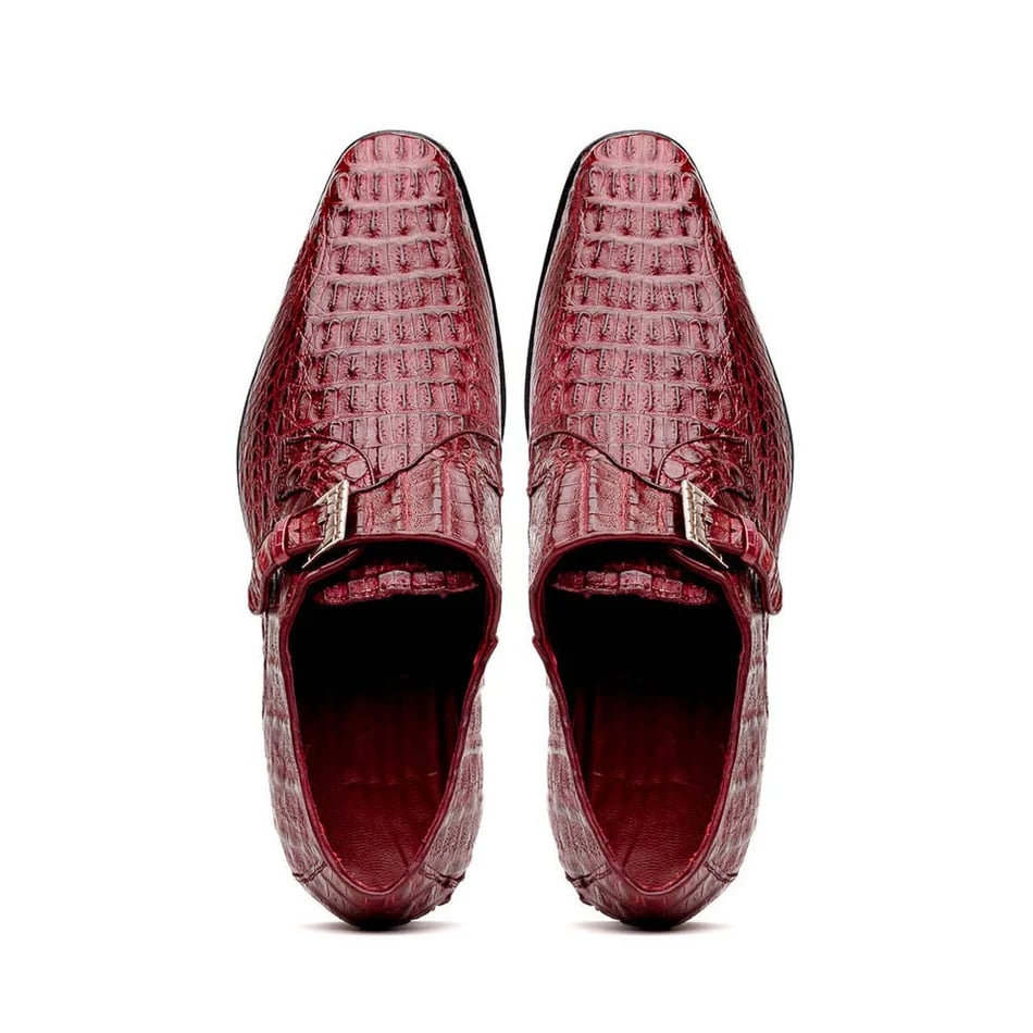 Marco Di Milano Rovigo Men's Shoes Wine Exotic Crocodile Skin Single Monk-strap Loafers - 8.5