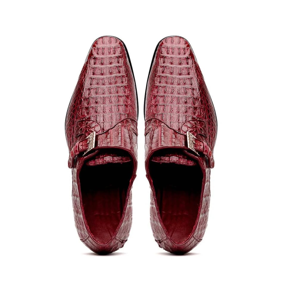 Marco Di Milano Rovigo Men's Shoes Wine Exotic Crocodile Skin Single Monk-strap Loafers - 6