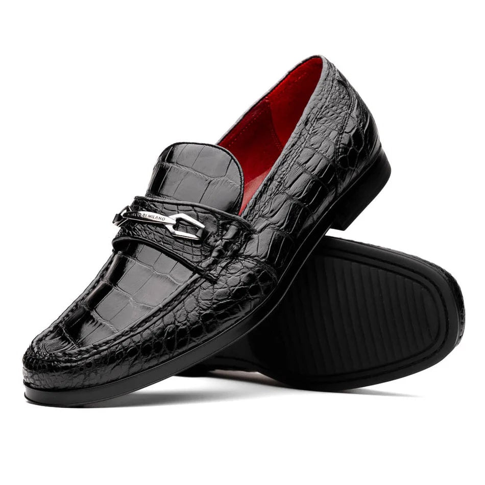 Marco Di Milano Hugo Men's Shoes Black Stylish Exotic Alligator Horsebit Loafers - 6