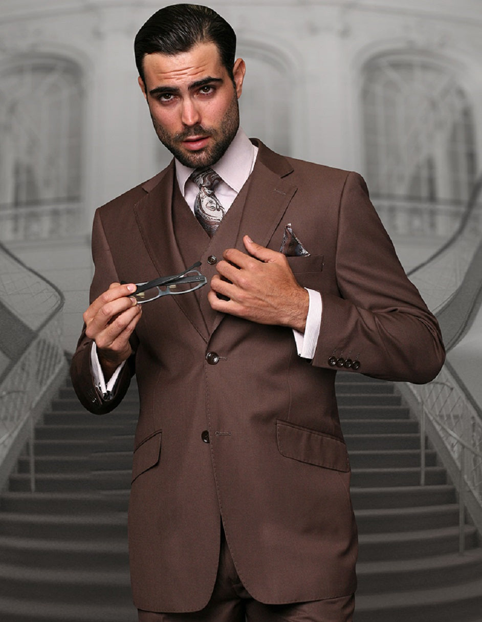 Mens 2 Button Modern Fit Vested Wool Suit in Coco Brown - 34 S