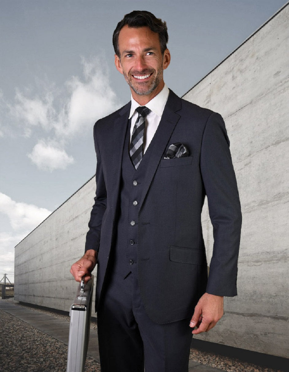 Mens 2 Button Modern Fit Vested Wool Suit in Denim Blue - 34 S