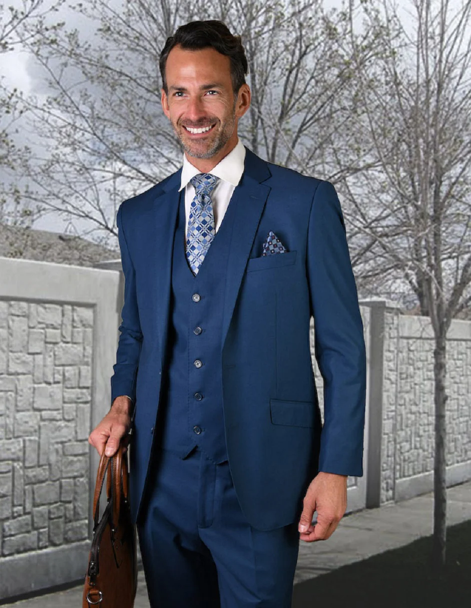 100 Percent Wool Suit - Mens Vested Wool Business French  Blue Suits - 38 Short Jacket+32 Waist Adjustable 28to34)(Height: 5 4 to5 7 )(Neck  15-16.5)S-M)