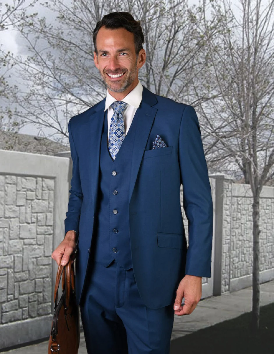 100 Percent Wool Suit - Mens Vested Wool Business French  Blue Suits