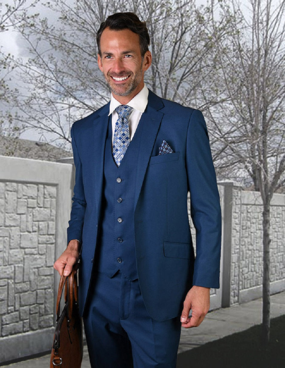 Mens 2 Button Modern Fit Vested Wool Suit in French Blue - 34 S