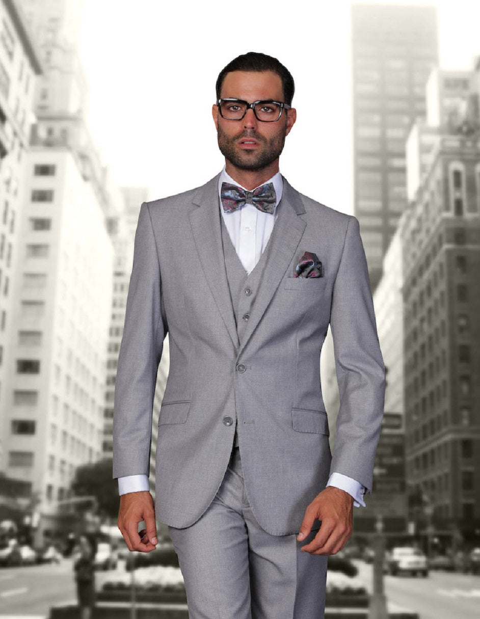 Mens 2 Button Modern Fit Vested Wool Suit in Grey - 52 Regular
