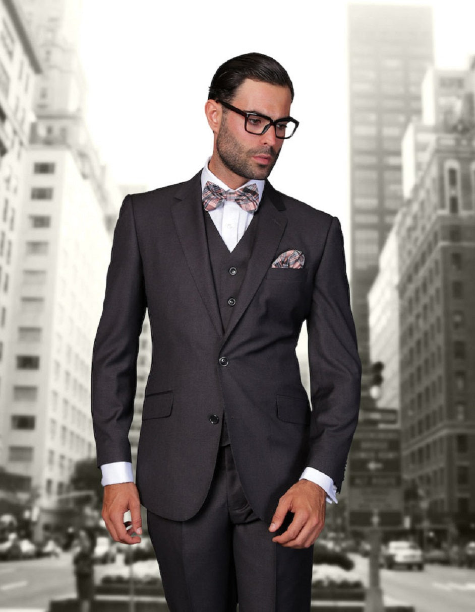 Mens 2 Button Modern Fit Vested Wool Suit in Heather Charcoal - 38 Short