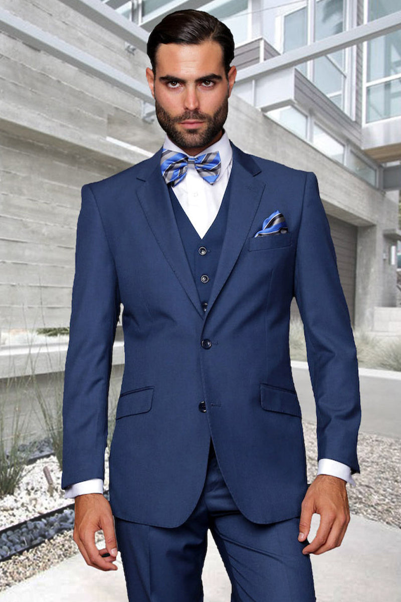 Men's Modern Fit Designer Vested Extra Long Wool Suit in Indigo Blue - 40 Extra Long