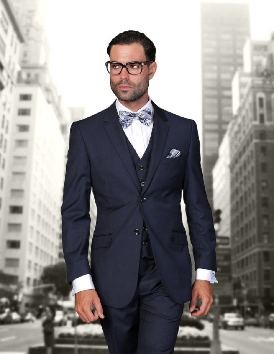 Mens 2 Button Modern Fit Vested Wool Suit in Midnight Blue - 34 Short