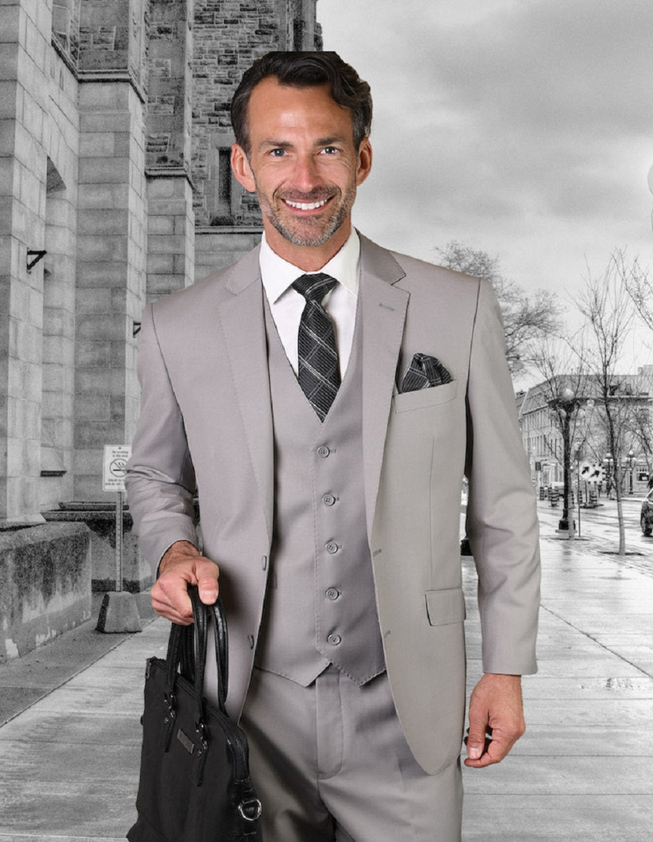 Mens 2 Button Modern Fit Vested Wool Suit in Platinum - 38 Short Jacket+32 Waist Adjustable 28to34)(Height: 5 4 to5 7 )(Neck  15-16.5)S-M)
