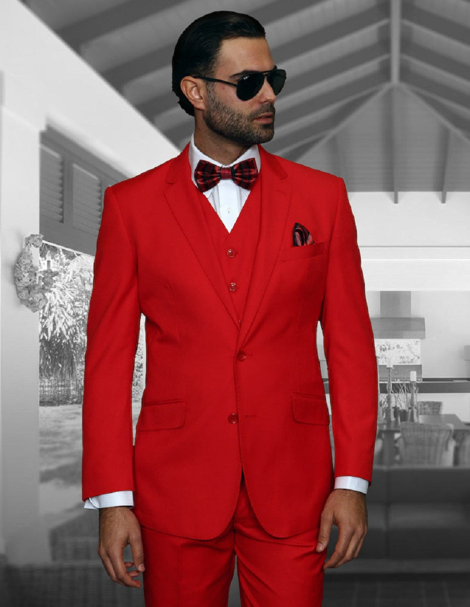 Mens 2 Button Modern Fit Vested Wool Suit in Red - 42 Long
