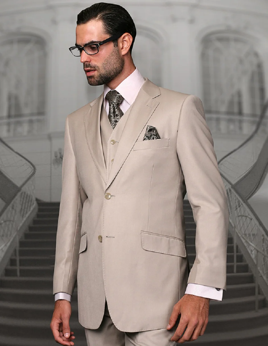100 Percent Wool Suit - Mens Wool Business Sand Suits - 38 Short Jacket+32 Waist Adjustable 28to34)(Height: 5 4 to5 7 )(Neck  15-16.5)S-M)