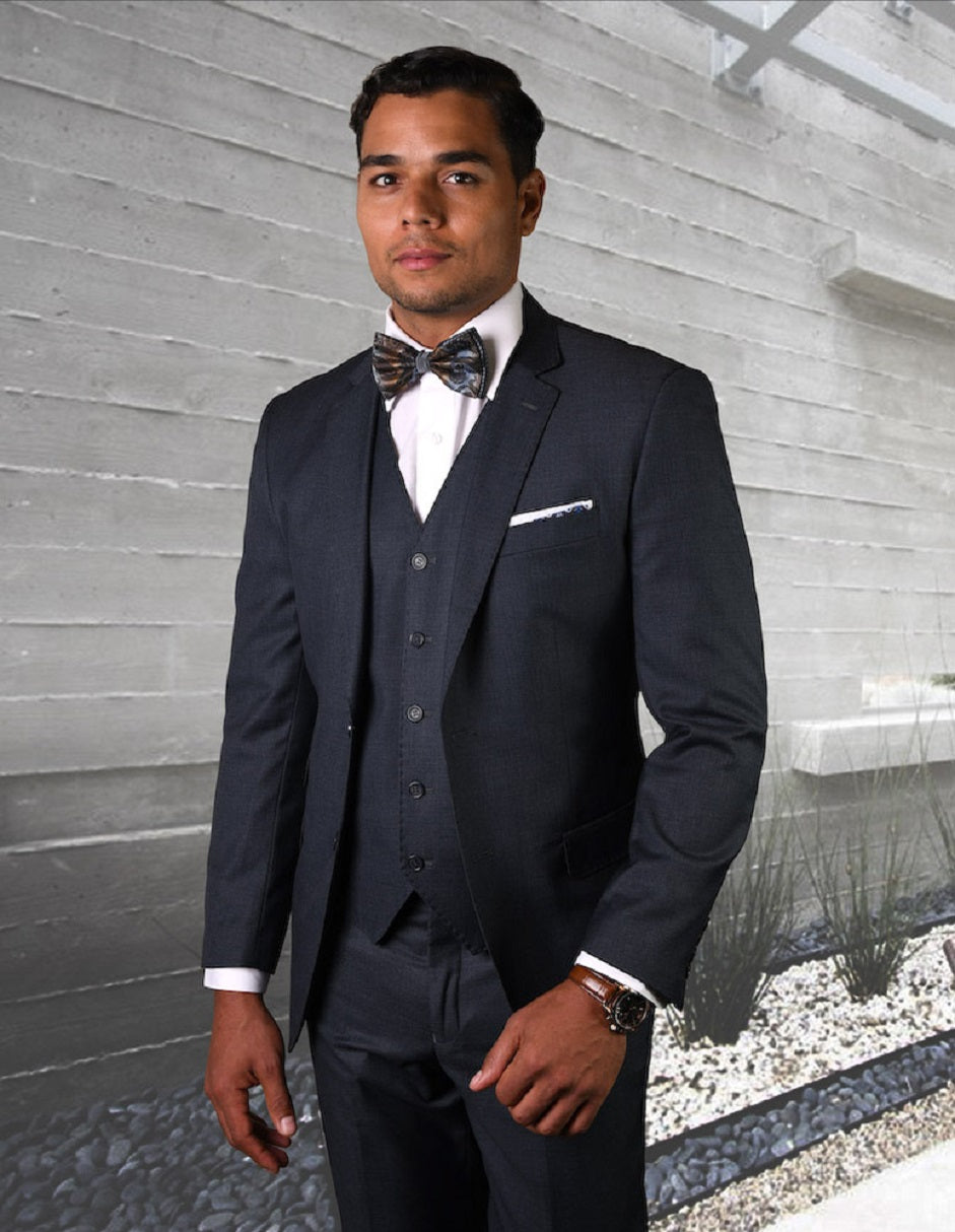 Mens 2 Button Modern Fit Vested Pick Stich Suit in Heather Charcoal - 46 Long