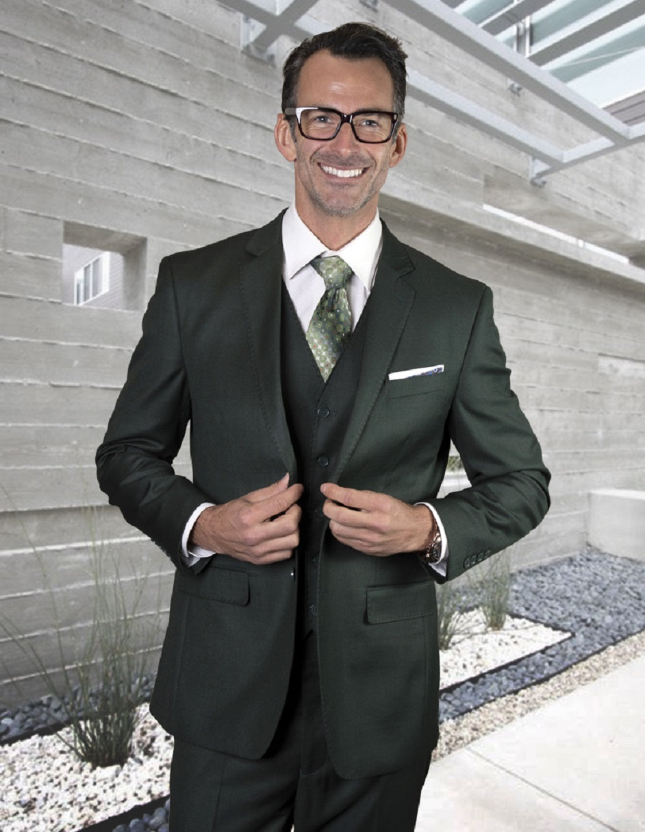 Mens 2 Button Modern Fit Vested Pick Stich Suit in Hunter Green - 38 Regular