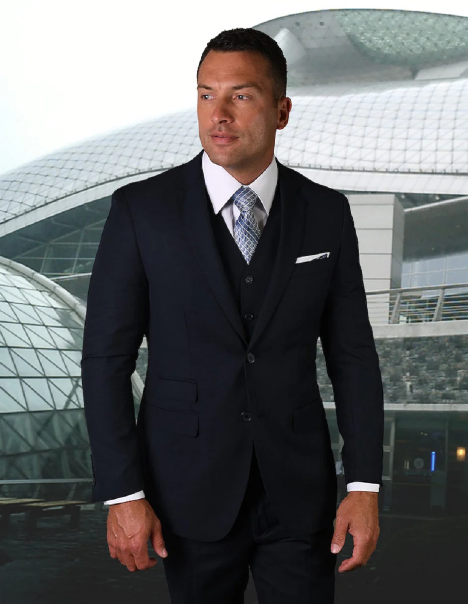 100 Percent Wool Suit - Mens Vested Fit Wool Business Navy Suits - 38 Short Jacket+32 Waist Adjustable 28to34)(Height: 5 4 to5 7 )(Neck  15-16.5)S-M)