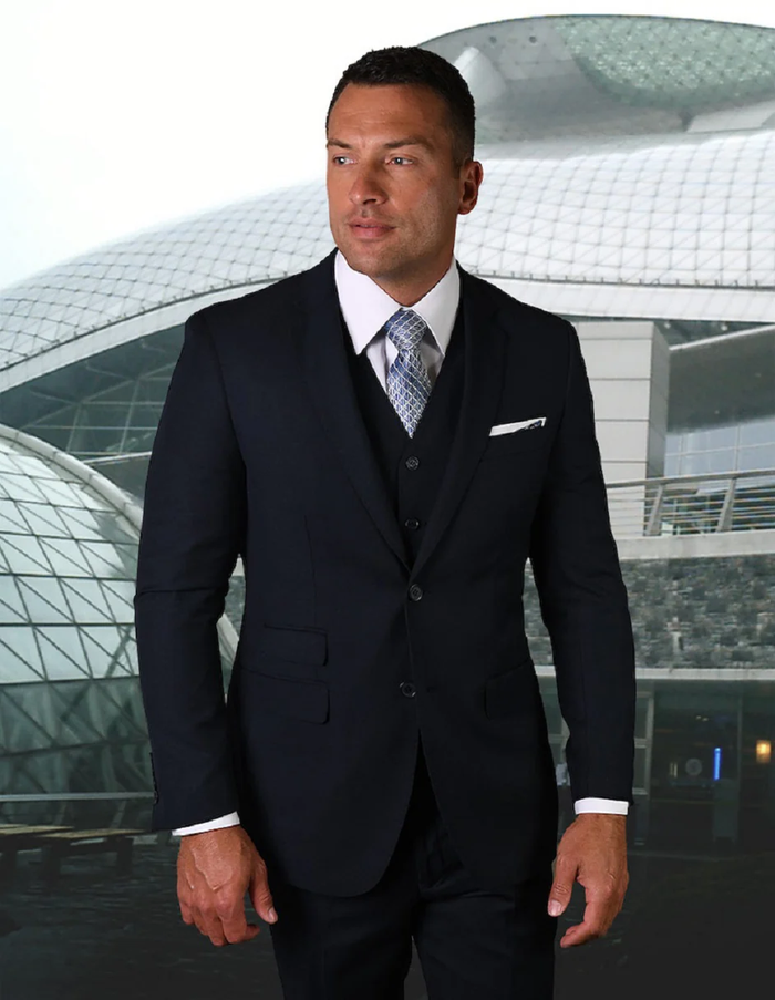 100 Percent Wool Suit - Mens Vested Fit Wool Business Navy Suits
