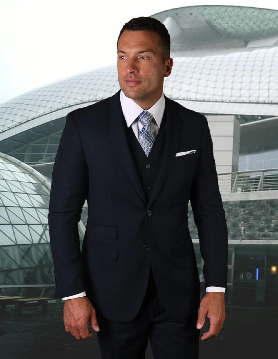 100 Percent Wool Suit - Mens Vested Fit Wool Business Navy Suits