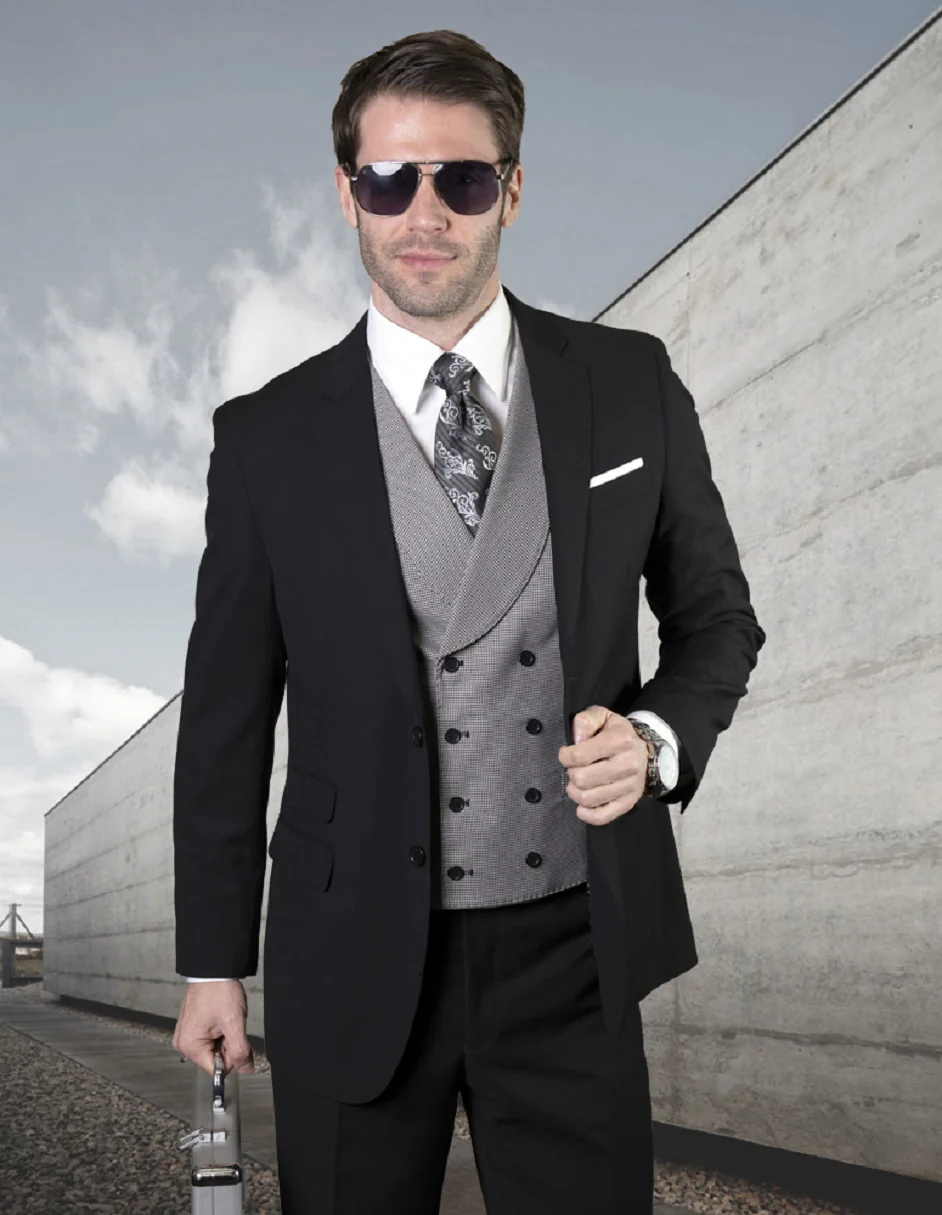 100 Percent Wool Notch Lapel  Suit - Mens Wool  Black Suits