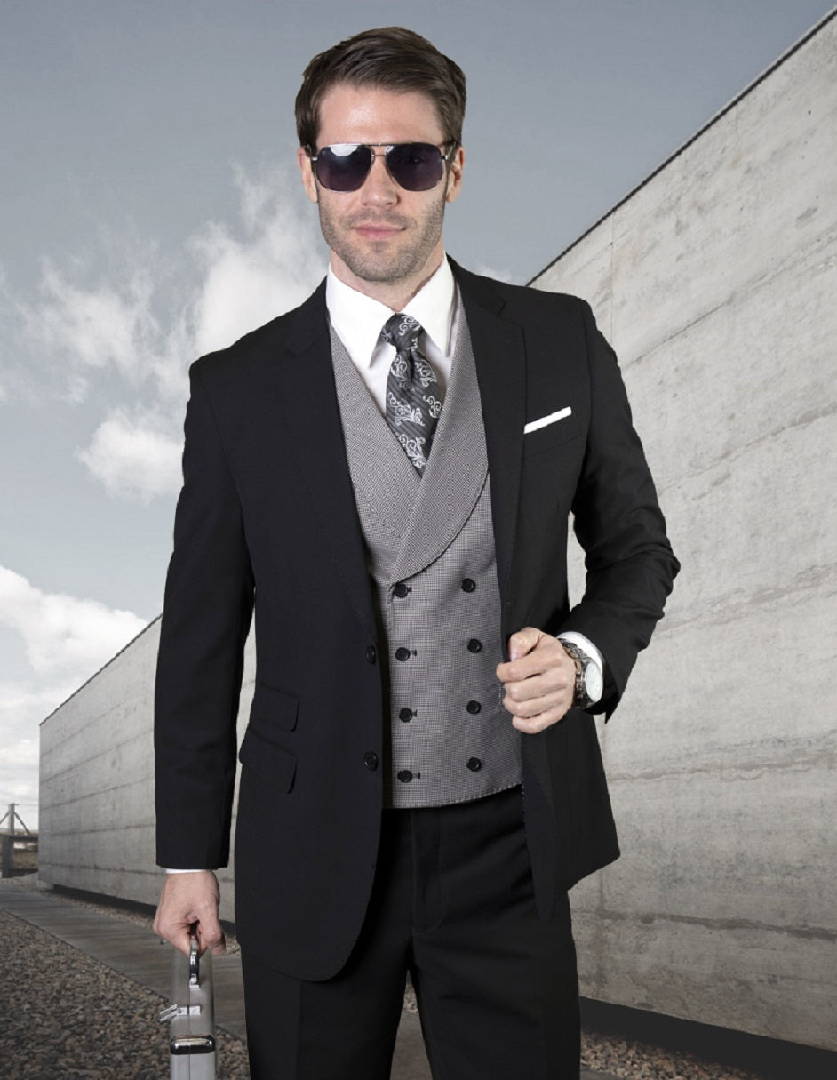 Mens 2 Button Notch Lapel Wool Suit With Double Breasted Shawl Vest in Black - 34 Short