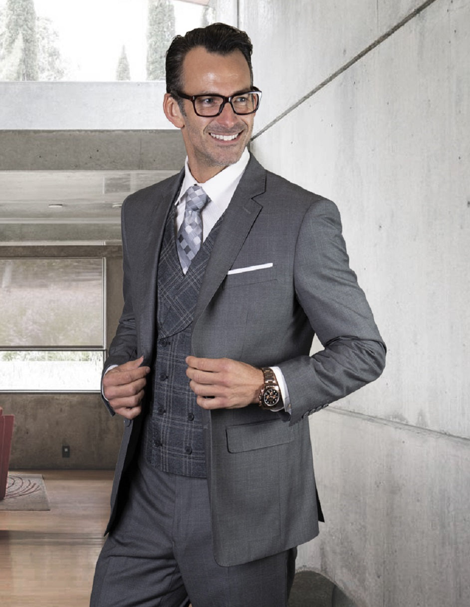 Mens 2 Button Notch Lapel Wool Suit With Double Breasted Shawl Vest in Grey - 34 Short