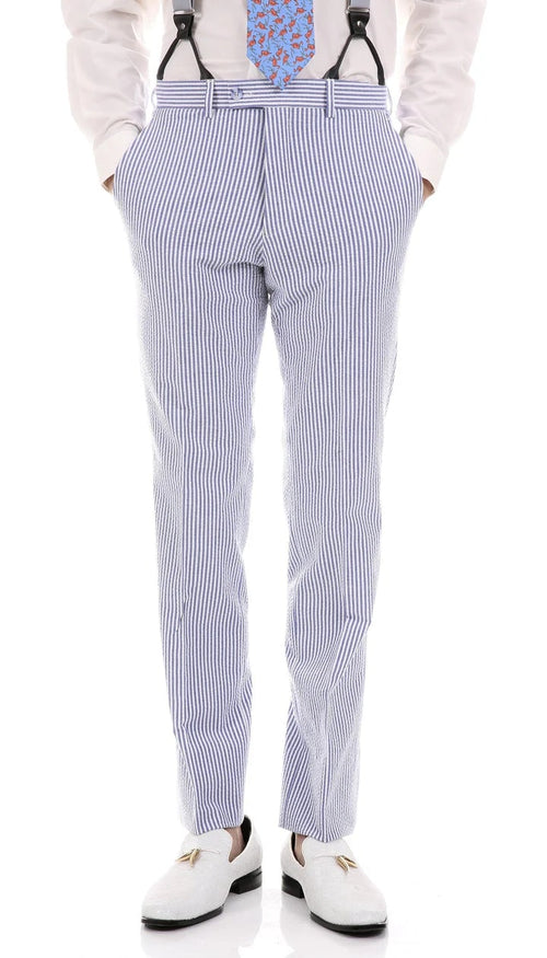 Premium Comfort Cotton Slim Fit Blue Seersucker 2 Piece Suit