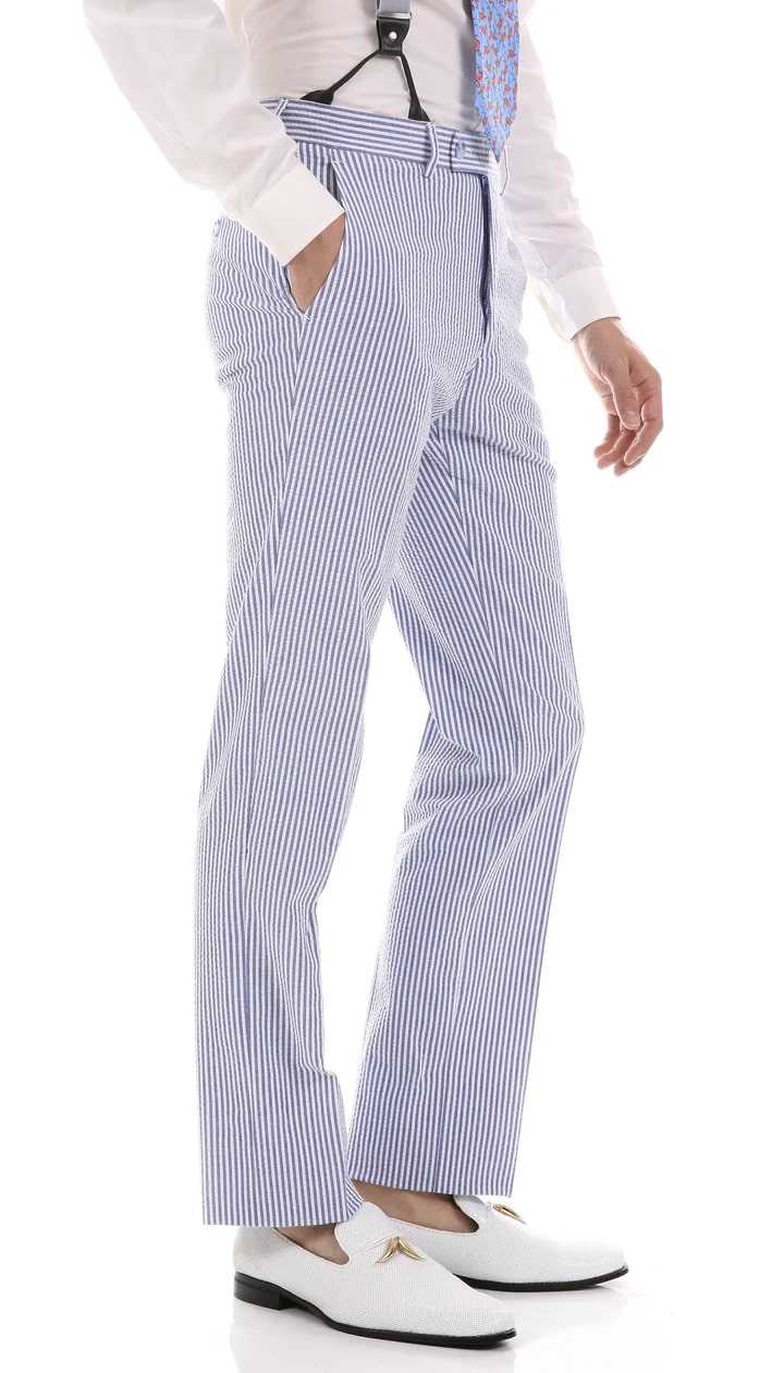 Premium Comfort Cotton Slim Fit Blue Seersucker 2 Piece Suit - 38 Short Jacket+32 Waist Adjustable 28to34)(Height: 5 4 to5 7 )(Neck  15-16.5)S-M)
