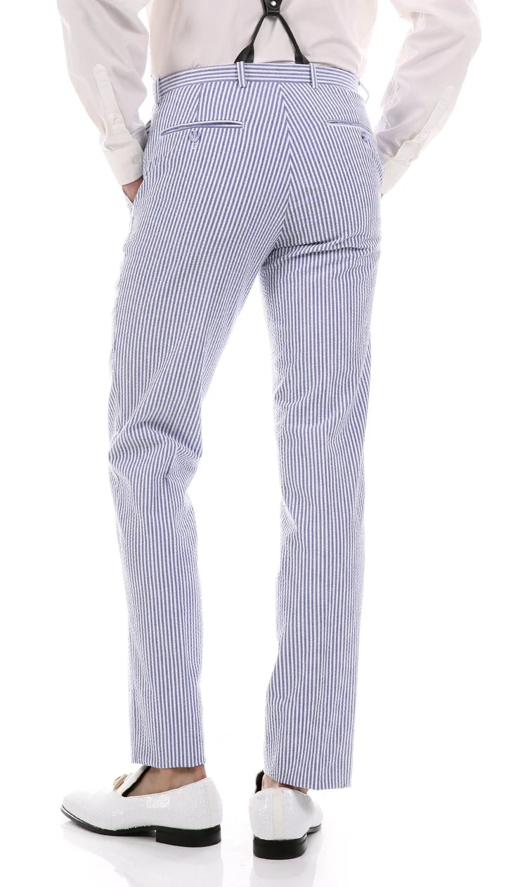 Premium Comfort Cotton Slim Fit Blue Seersucker 2 Piece Suit - 38 Short Jacket+32 Waist Adjustable 28to34)(Height: 5 4 to5 7 )(Neck  15-16.5)S-M)