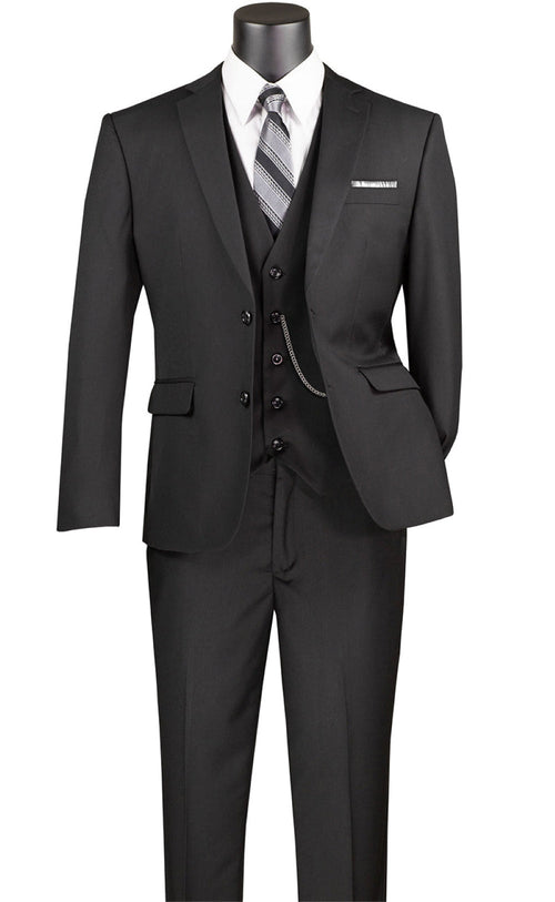 Black Slim Fit Men's Suit 3 Piece 2 Button in Black