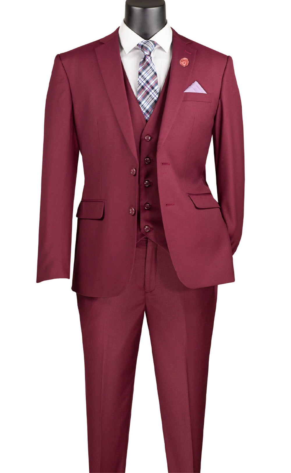 Slim Fit Business Men's Suit 3 Piece 2 Button in Burgundy - Burgundy