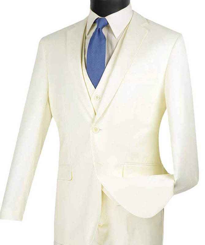 Slim Fit Business Men's Suit 3 Piece 2 Button in Ivory - Ivory