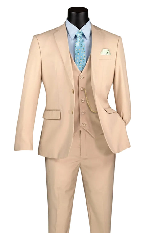 Beige Slim Fit Men's Suit 3 Piece 2 Button in Light Beige