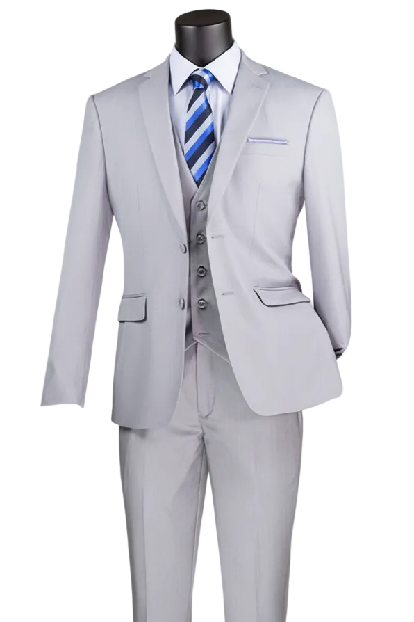Light Gray Slim Fit Suit 3 Piece 2 Button in Light Gray