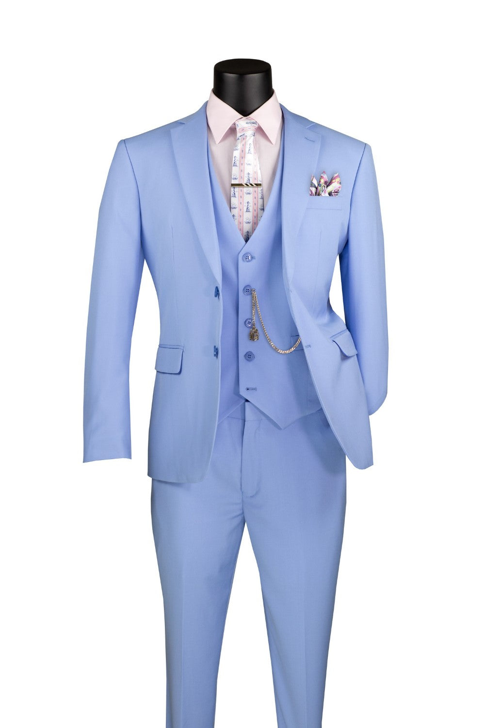 Slim Fit Business Men's Suit 3 Piece 2 Button in Light Blue - Light Blue
