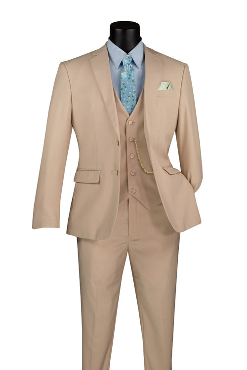 Stone Slim Fit Business Men's Suit 3 Piece 2 Button in Stone