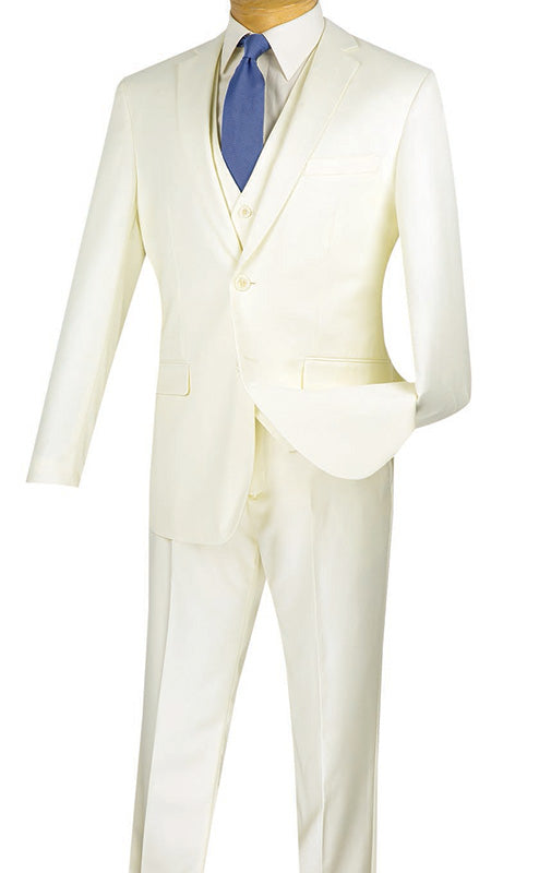 Slim Fit Business Men's Suit 3 Piece 2 Button in Ivory - Ivory