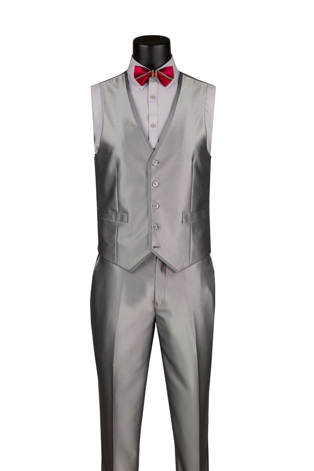 Slim Fit 3 Piece Satin Suit in Silver - Silver