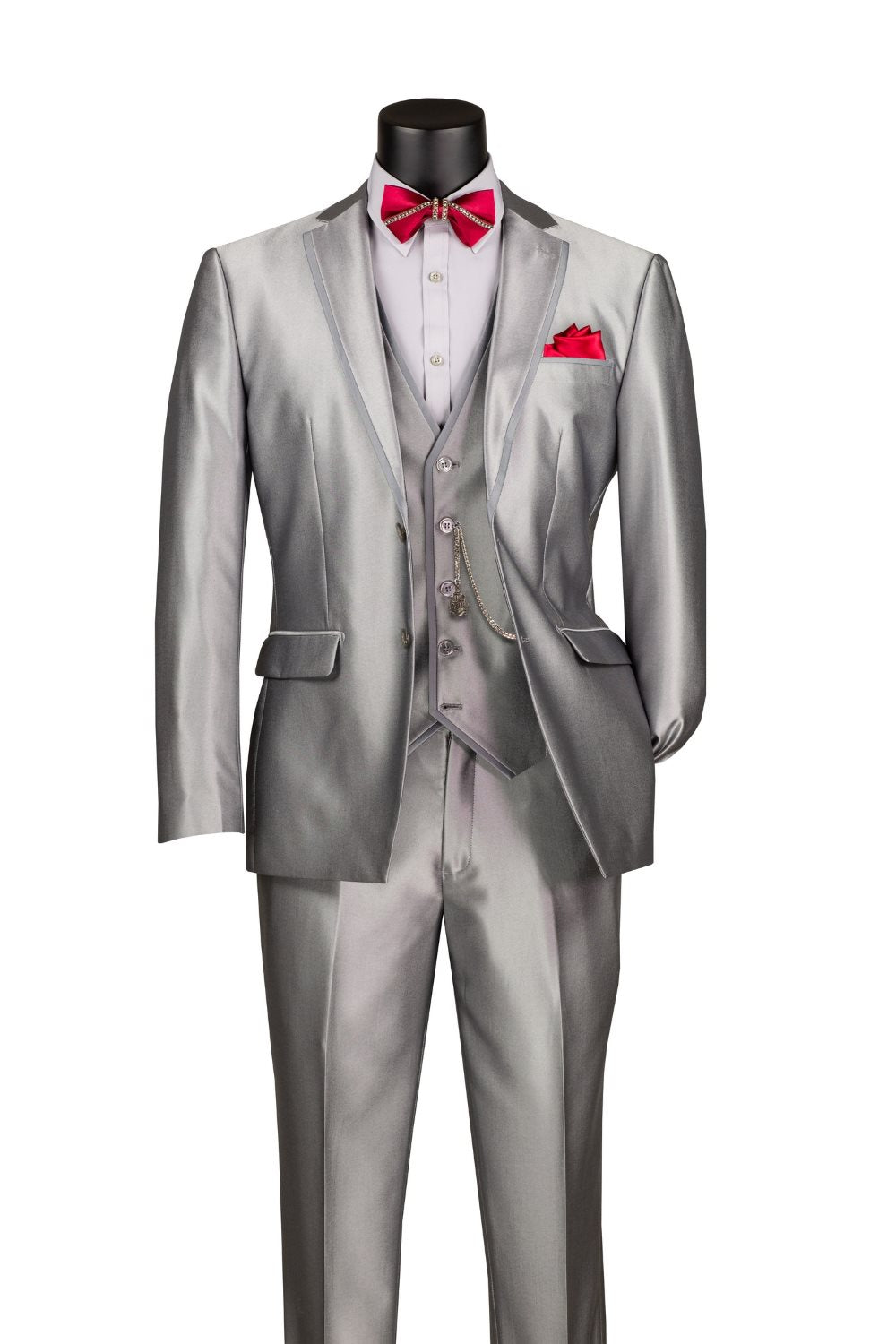 Slim Fit 3 Piece Satin Suit in Silver - Silver