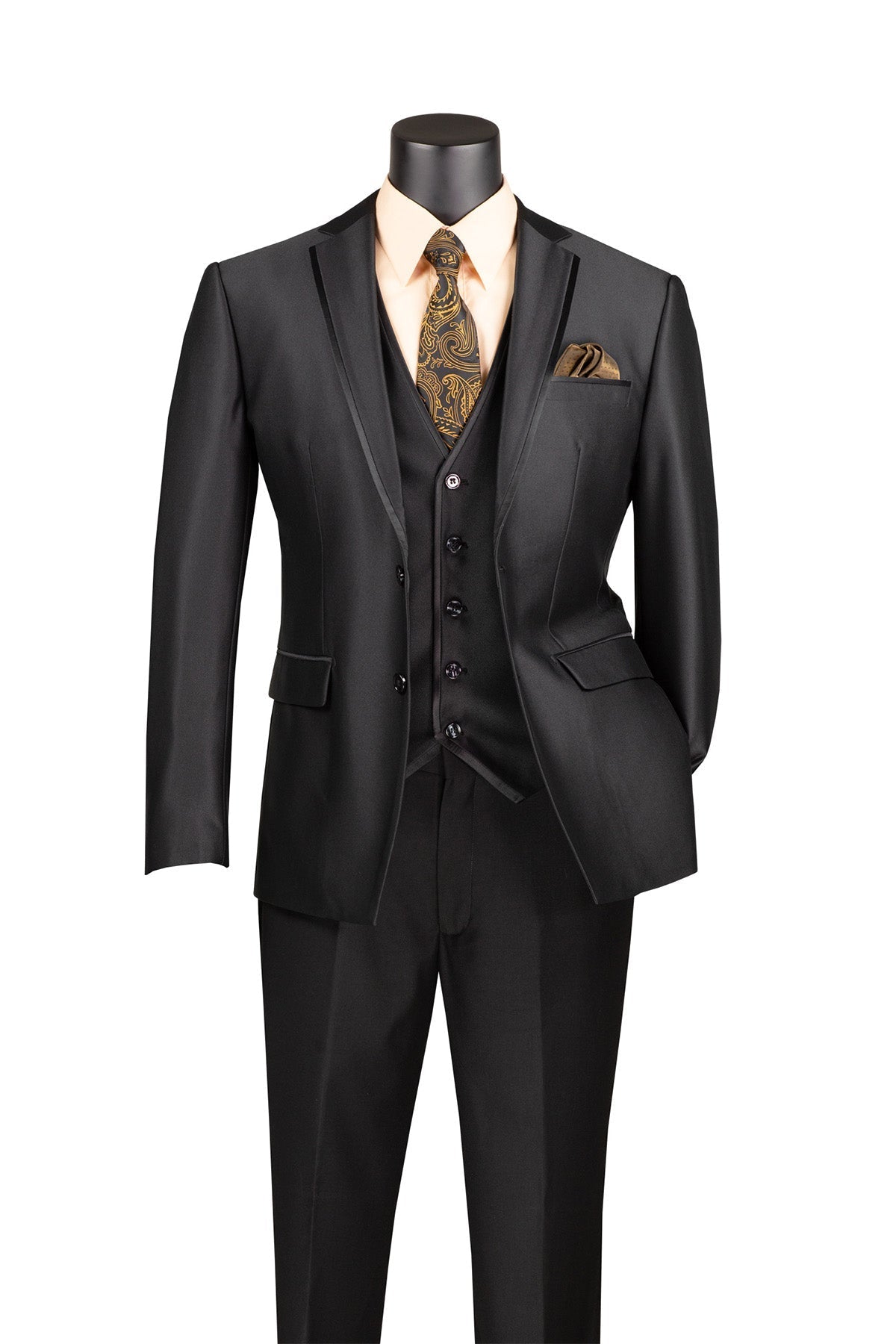 Slim Fit 3 Piece Satin Suit in Black - Black
