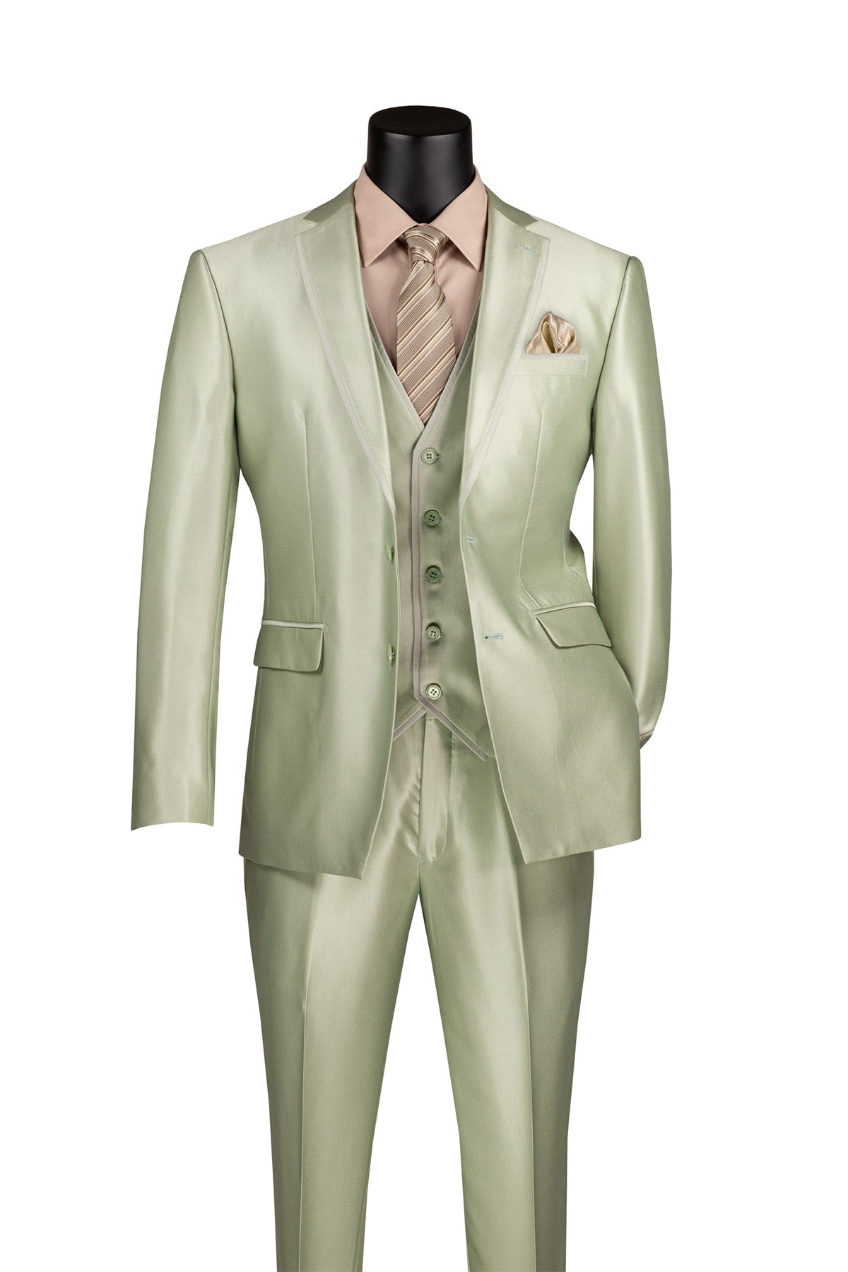 Slim Fit 3 Piece Satin Suit in Light Sage - Light Sage