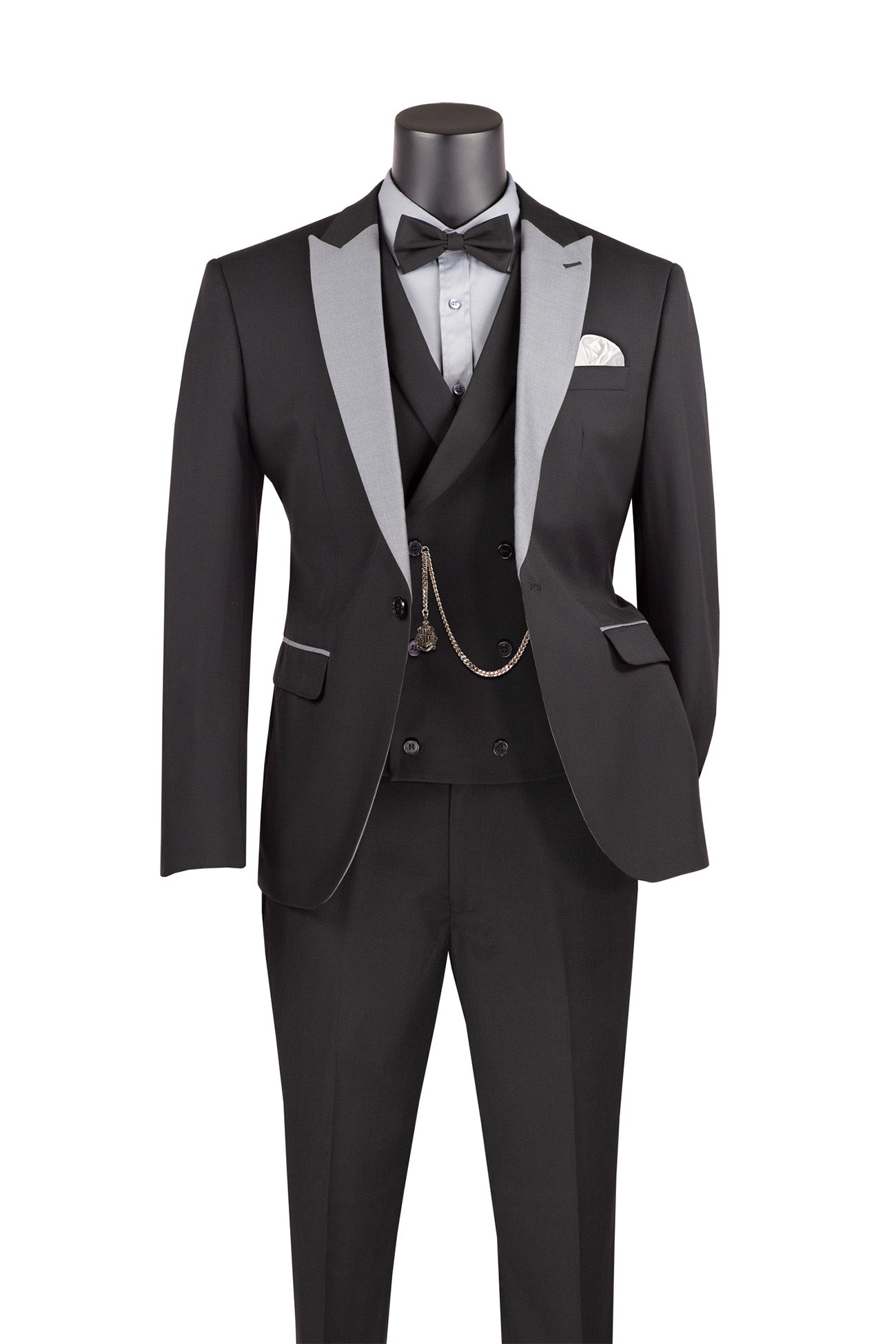 Slim Fit Tuxedo 3 Piece with Matching Bow Tie in Black - Black