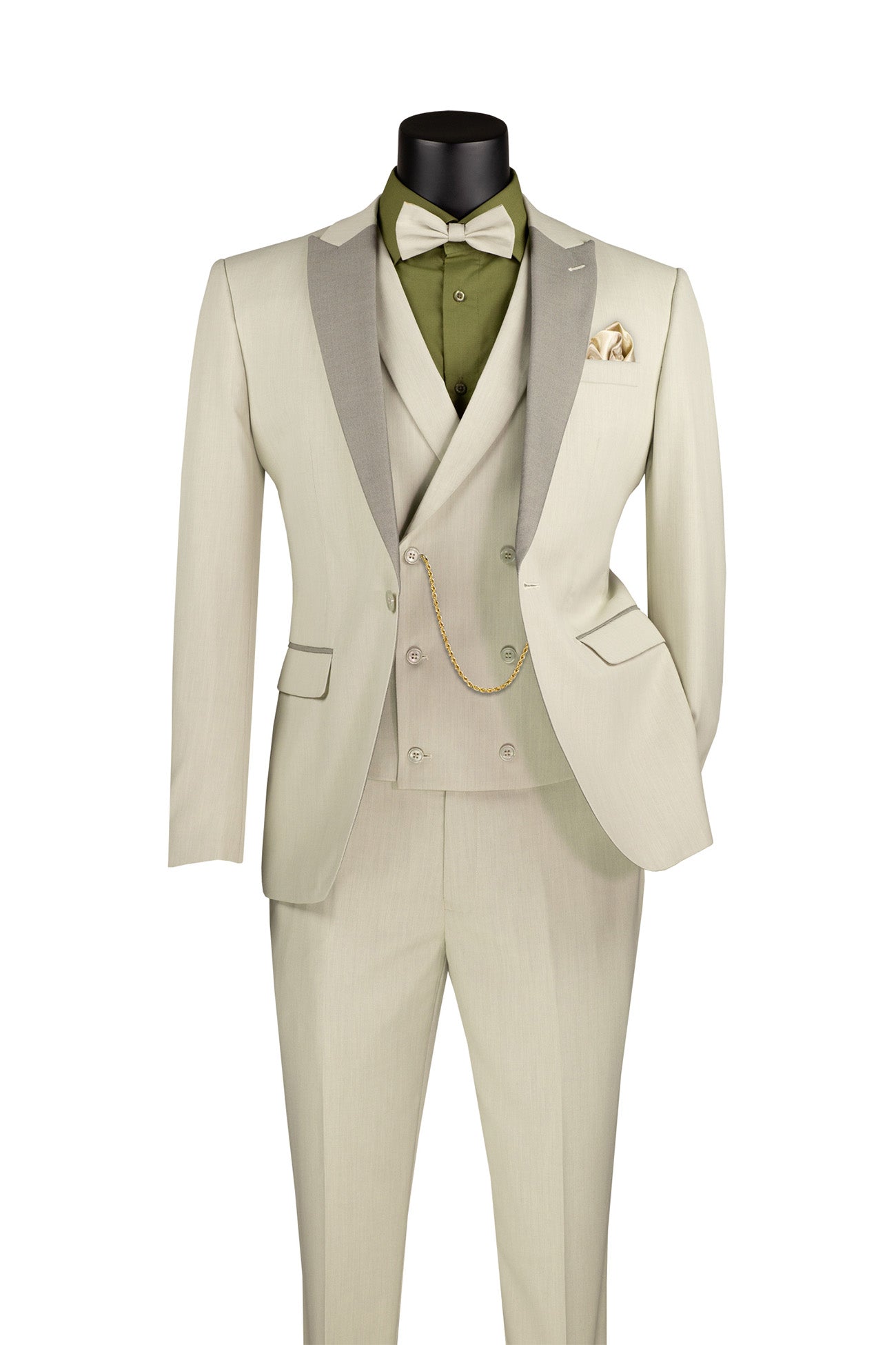 Slim Fit Tuxedo 3 Piece with Matching Bow Tie in Ecru - Ecru