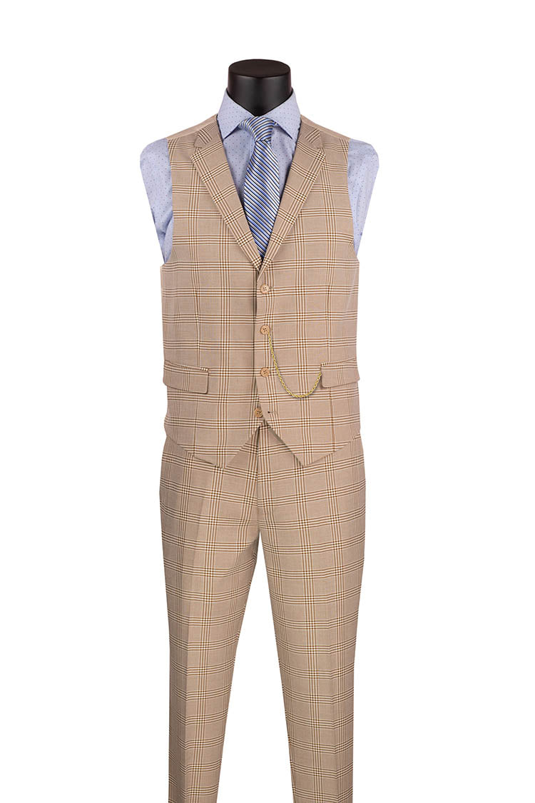 Slim Fit Suit Windowpane 3 Piece with Vest in Beige - Beige